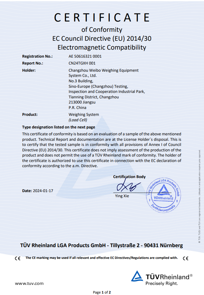 WEBOWT CE Certificate of Load Cell Series 1