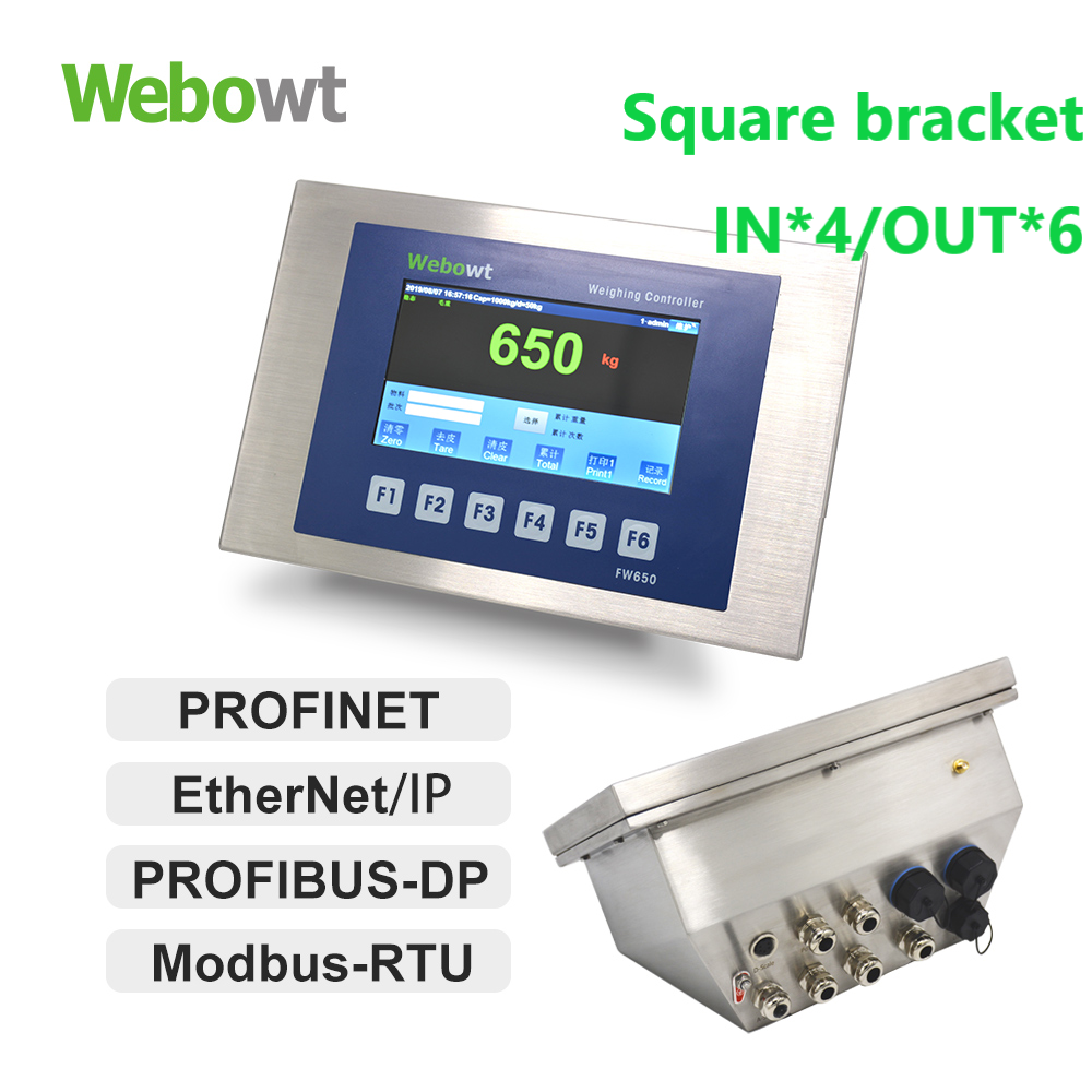 Order No. 8650003C, Model No.: FW650210001000G, Basic MES version, FW650, SS Harsh, Square bracket, 1-way analog scale platform, USBx4, 4-way serial ports, No PLC, INx4/OUTx6, 7-inch color LCD