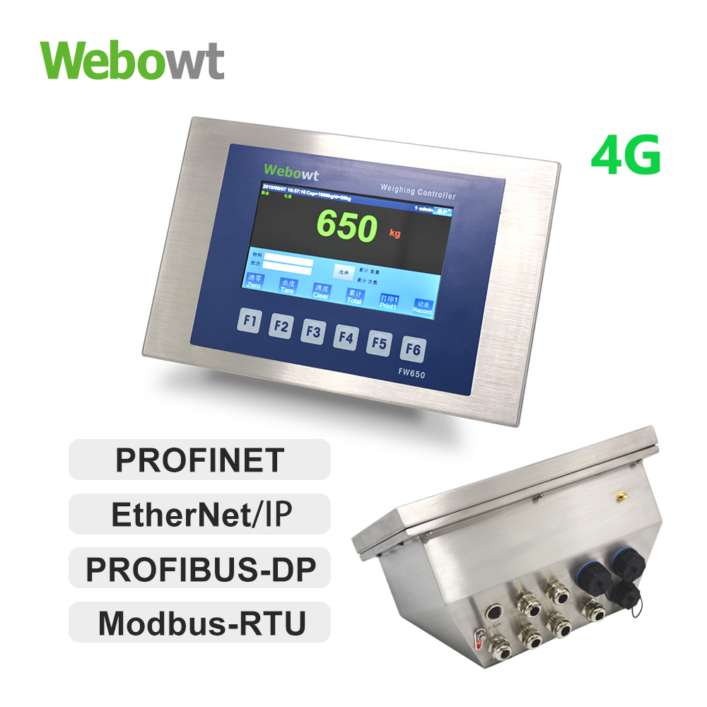 Order No. 8650002W, Model No.: FW6500100G1000G, Basic MES version, FW650, desktop SS Harsh, 1-way analog scale platform, USBx4, 4-way serial ports, 4G, No PLC, INx4/OUTx6, 7-inch color LCD