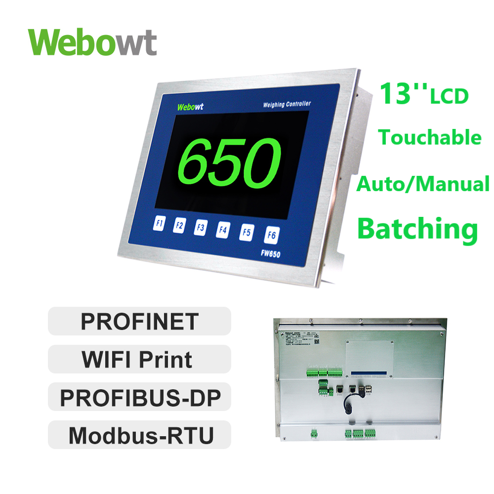 Order No. 8650003N, Model No.: FW650610001410G, Manual Batching version, FW650, Panel,1-way analog scale platform, USBx4, 4-way serial ports, No PLC, INx4/OUTx6, 13-inch color LCD
