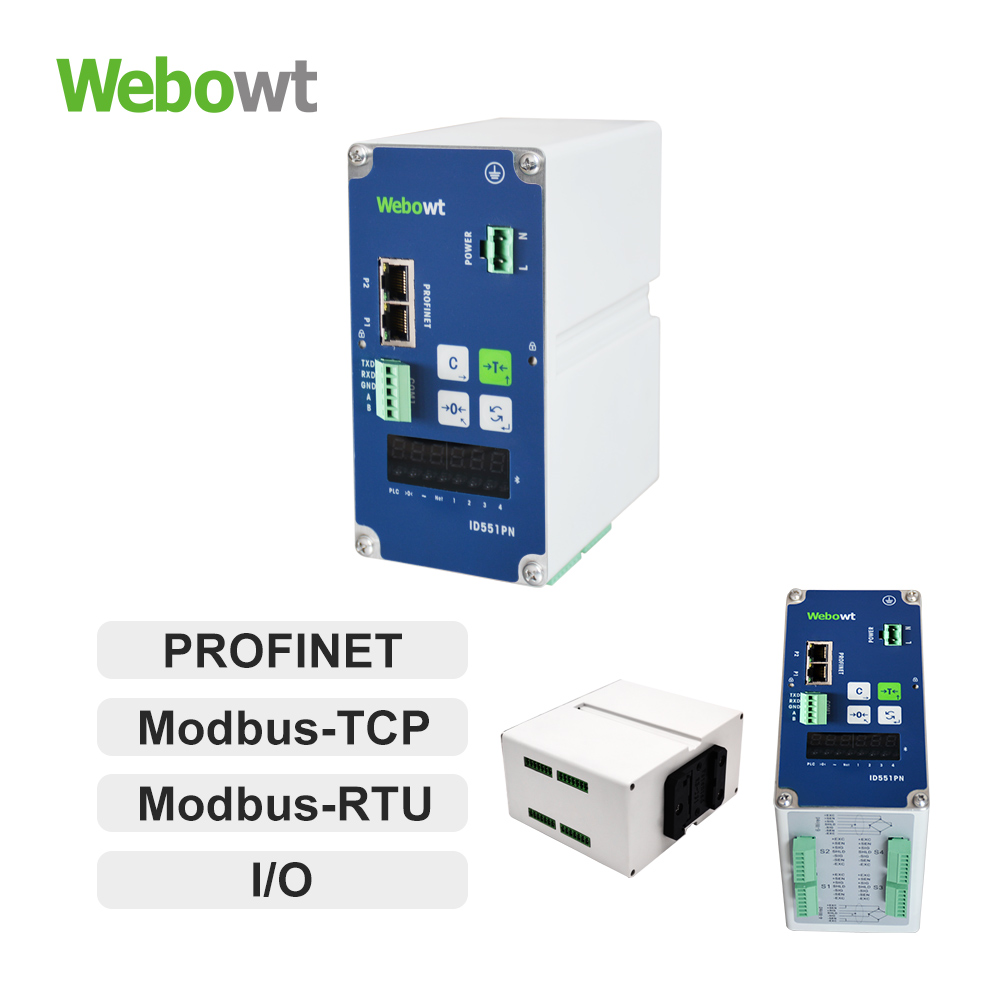 Order No. 8551P04, Model No.:ID551D04F00A, ID551, Din, supporting 4 x scale, 1 serial port (RS232/485), 2 network ports (built-in switch), MODBUS-RTU, MODBUS-TCP, PROFINET, Standard Version, 220VAC/23