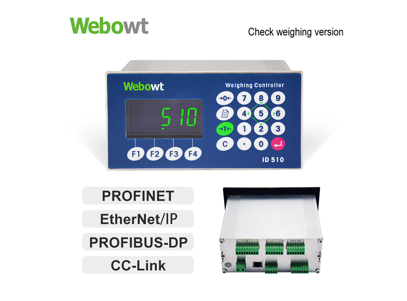 Order No. 851001W Model No.: ID510PC1F30A, Check weighing version,Panel, two serial ports(RS232+RS485), INx8 / Transistor Out x15, MODBUS-RTU, PROFINET, 110/220VAC, no power cord